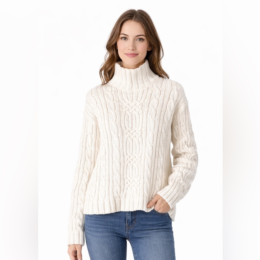 Vintage Fisherman Cable Knit Turtleneck Sweater Cream Cotton “Harry Met Sally” M